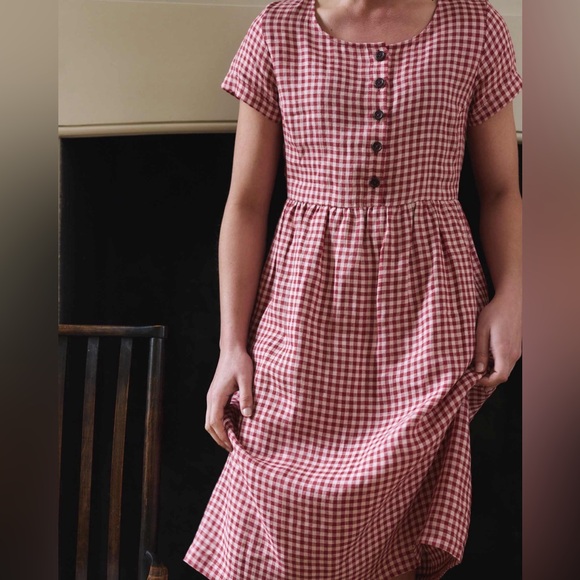 pyne & and smith no number 11 classic button up linen dress in geranium check - Picture 2 of 6